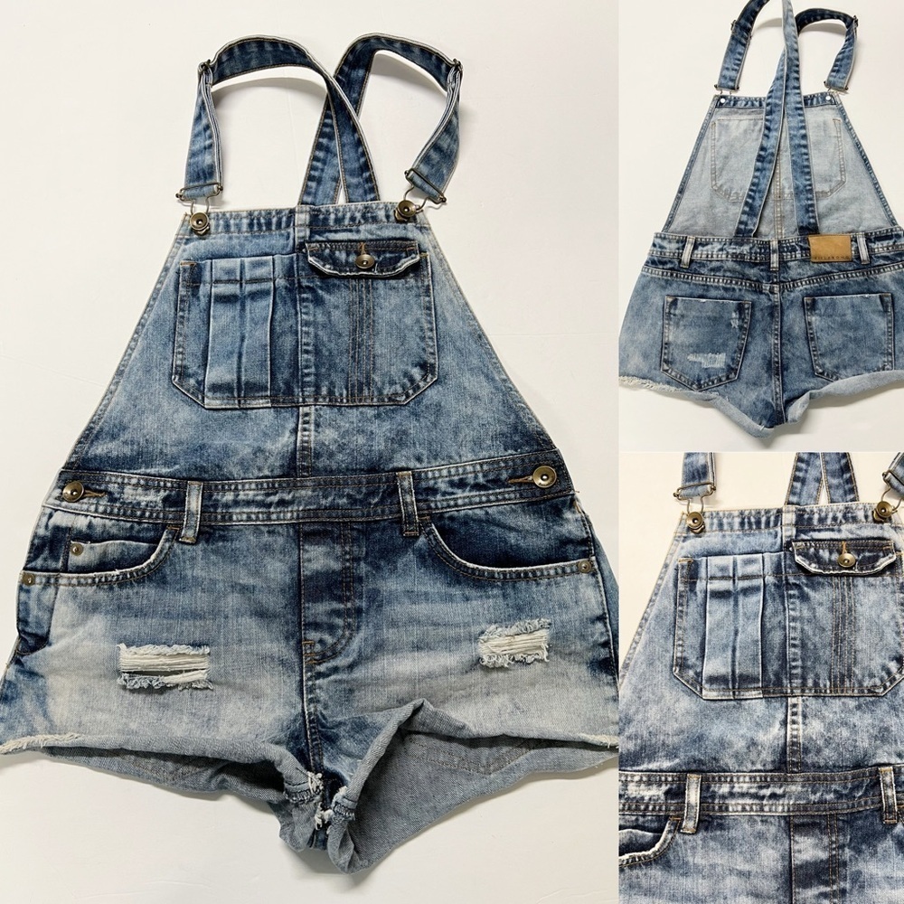 Billabong Womens Ovah n Ovah Acid Wash Distressed Cut Off Denim Overalls Size M